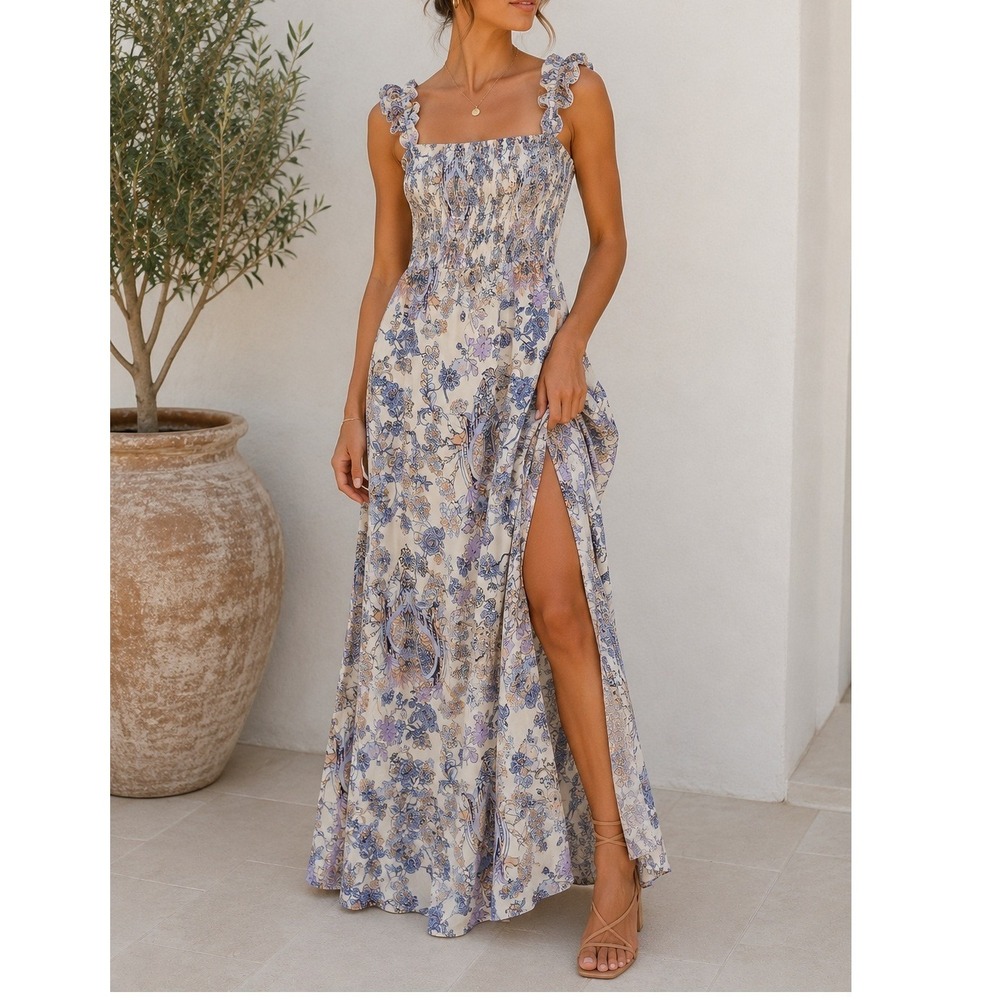 Harper & Me Floral Smocked‎ Maxi Dress Side Slit Cottagecore Whimsigoth Size 10